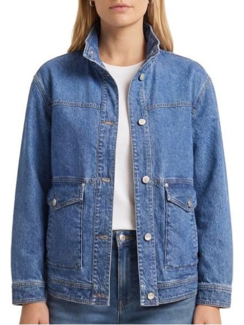 Avec Les Filles High Neck Denim Utility Jacket. M